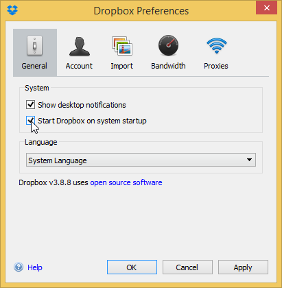 Preferensi Dropbox yang menampilkan opsi startup